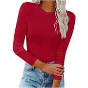 Elainilye Fashion Women's Undershirt Fall Stretch Slim Fitted Undershirt Long Sleeve Shirt Solid Bottoming Shirt Blouse Tops,Red